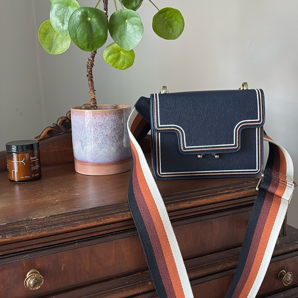 Anthropologie Navy Crossbody Bag with Striped Multicolor Strap